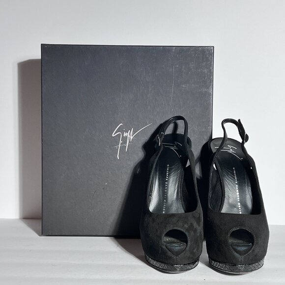 Giuseppe Zanotti Blk Suede Snakeskin High Heel Peeptoe Slingback Pump Sz 8.5 - Picture 15 of 15